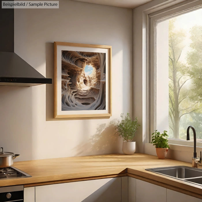 Sunny kitchen with a framed abstract art piece, wooden countertops, a small plant, and a large window with a view.