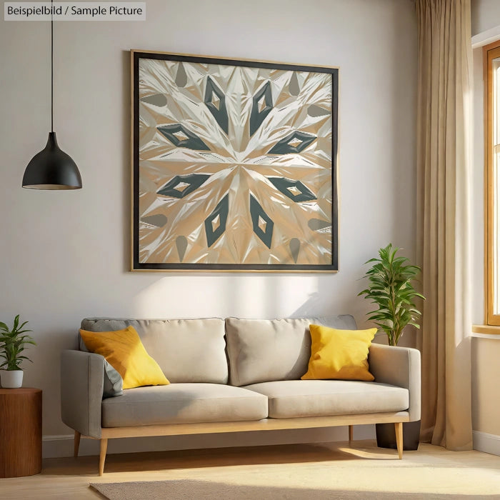 Modern living room with gray sofa, yellow cushions, plant, and abstract geometric painting on the wall.