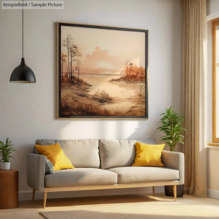 Interior living room with beige sofa, yellow pillows, abstract landscape painting, and potted plants.