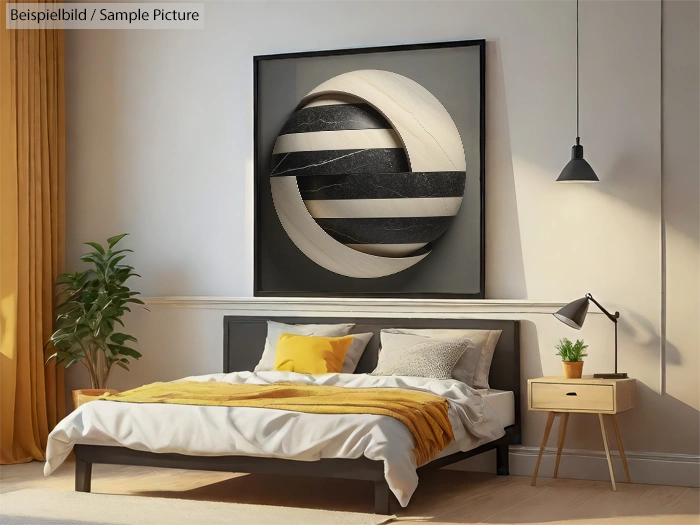 Modern bedroom with abstract black and white art, mustard throw, and wood side table with plant.