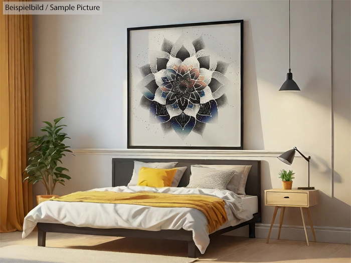 Modern bedroom with abstract flower art above bed, yellow accents, side table, and plant.