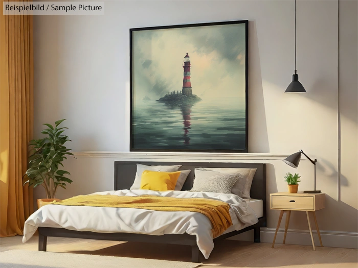 Modern bedroom with a bed, yellow accents, and a lighthouse painting above the headboard.