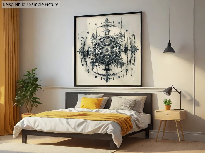 Modern bedroom with a large abstract circular painting above a bed, accented with yellow and black decor elements.