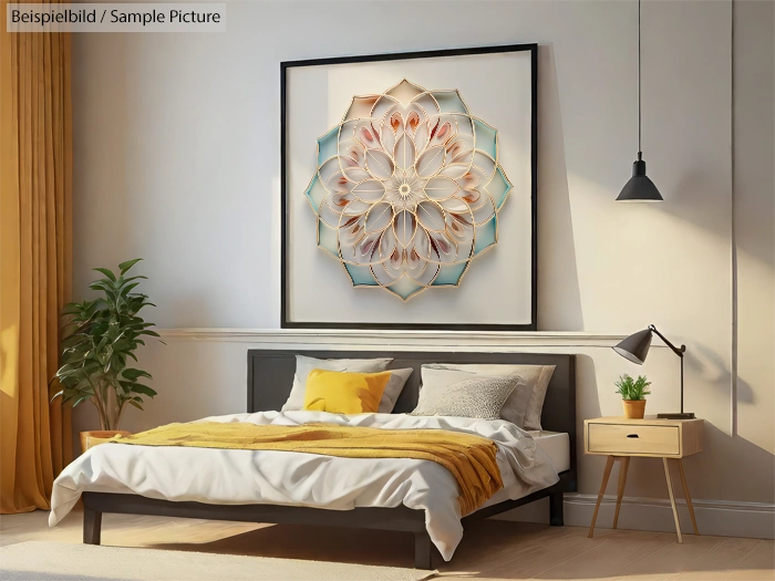 Modern bedroom with yellow accents, wall art above bed, wooden side table, and a potted plant in natural light.