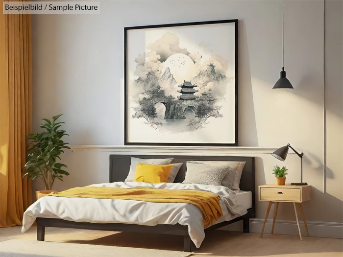 Modern bedroom with a large, serene landscape painting and minimalistic decor, featuring a plant and a small nightstand.