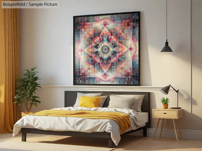 Modern bedroom with patterned wall art, mustard bedding, potted plant, and pendant light, creating a cozy atmosphere.