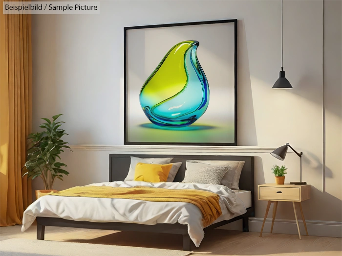 Modern bedroom with a framed abstract glass artwork, neutral tones, and a potted plant beside the bed with yellow accents.