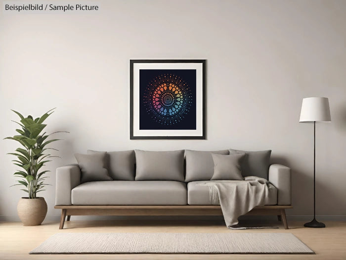 Modern living room with a gray sofa, colorful mandala artwork, potted plant, and a tall floor lamp.