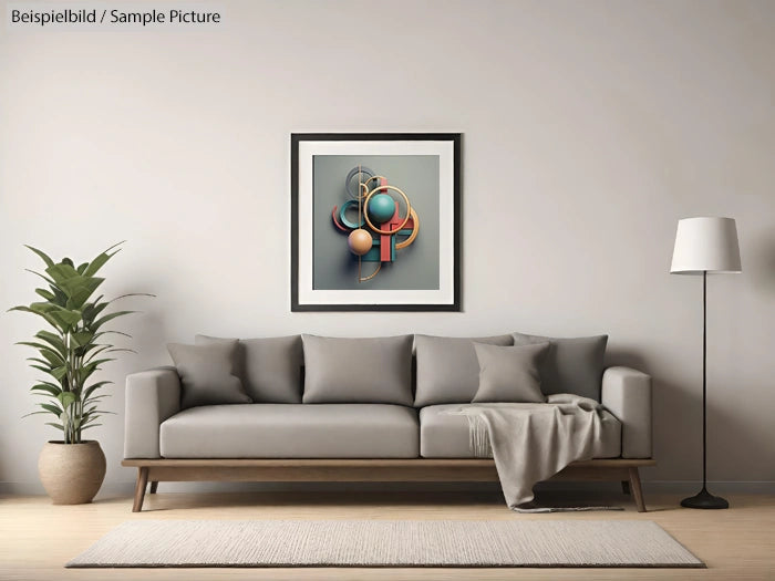 Modern living room with gray sofa, abstract wall art, floor lamp, and potted plant, creating a minimalist aesthetic.