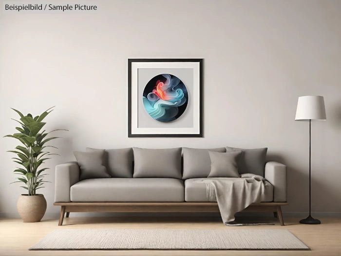 Modern living room with gray sofa, abstract art on wall, floor lamp, and a potted plant.