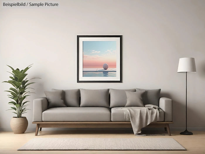 Modern living room with grey sofa, abstract sunset painting, floor lamp, and potted plant on wooden floor.