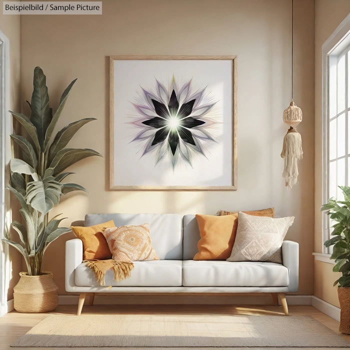 Bright living room with white sofa, orange cushions, and framed geometric artwork on the wall.