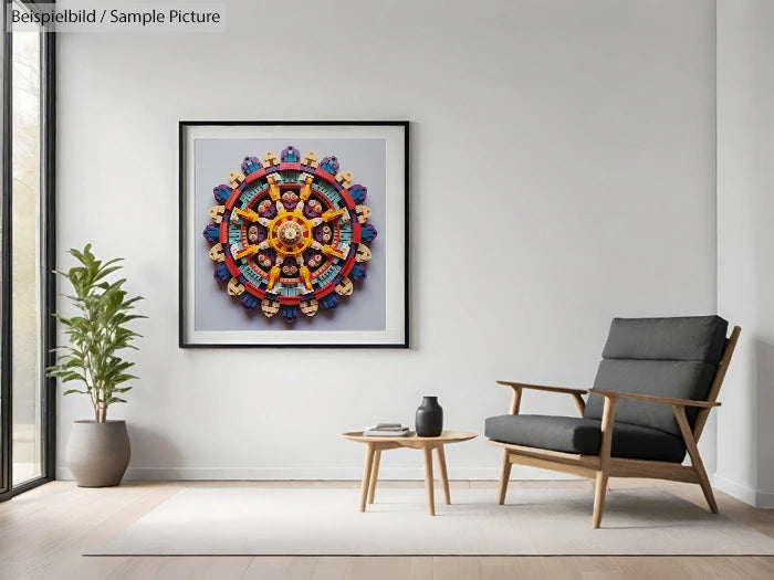 Modern living room with a black armchair, a small table, and a colorful mandala artwork on the wall.