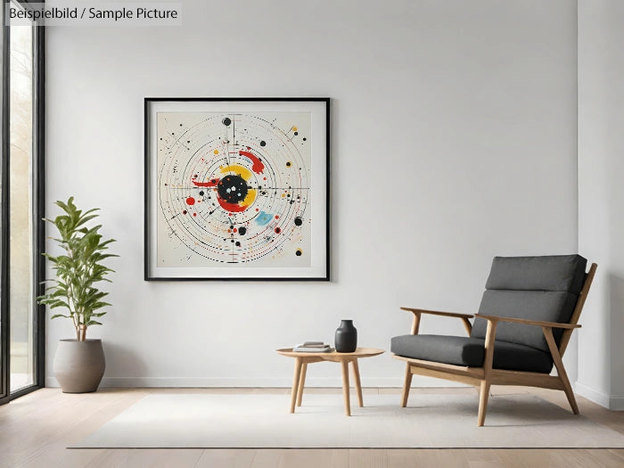 Modern living room with abstract painting, armchair, plant, and round wooden coffee table on light wood flooring.