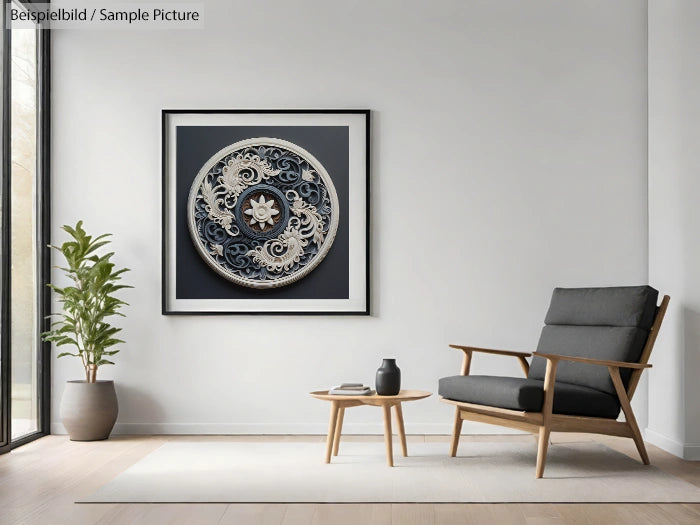 Modern living room with framed abstract art, armchair, round table, and potted plant in natural light.