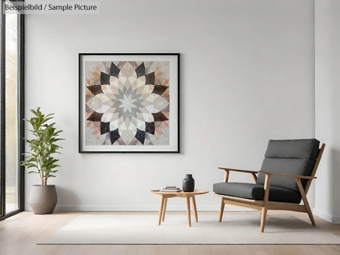 Modern living room with geometric artwork, wooden chair, small table, and plant against a white wall.