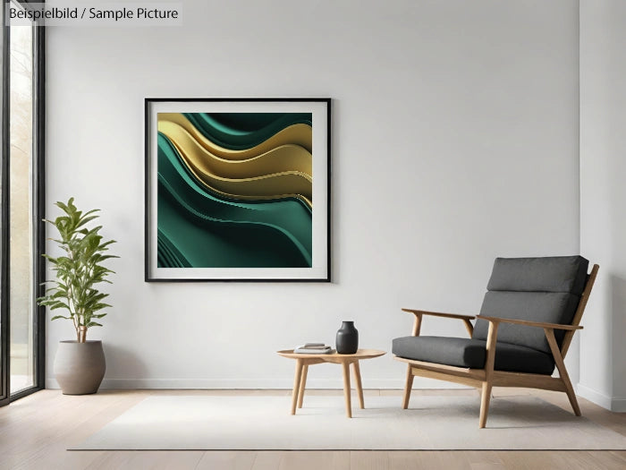 Modern living room with green and yellow abstract art, wooden chair, small table, and a potted plant by large window.