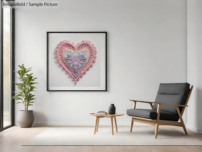 Modern living room with a framed heart-shaped artwork, armchair, small table, plant, and large window.