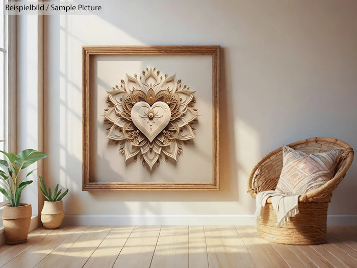 Decorative wooden heart art on wall, modern room with wicker chair and plants, sunlight streaming through large windows.