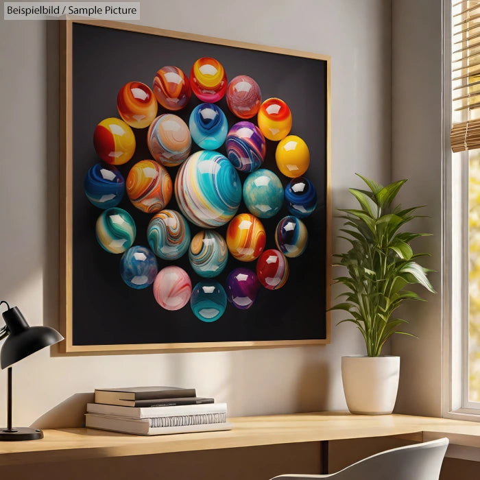 Colorful 3D wall art with glossy spherical shapes arranged in a circle, displayed in a modern interior setting.