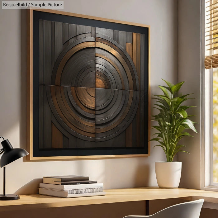 Modern geometric wood artwork in an office setting with a potted plant and desk lamp nearby.