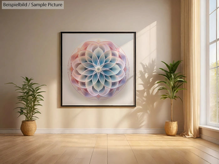 Framed geometric abstract art with pastel colors on wall, flanked by two potted plants in a sunlit room.