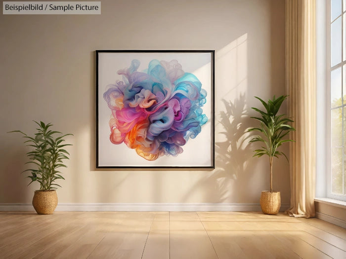 Contemporary art piece with colorful abstract swirls in a bright room with potted plants and soft natural light.