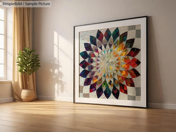 Framed colorful geometric artwork leaning against a wall in a sunlit room with a potted plant.