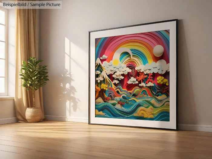 Colorful 3D landscape artwork in a framed picture on a wall, featuring waves, trees, and a sunburst design with clouds.