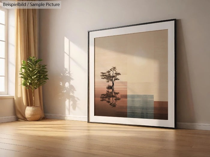 Framed abstract art with tree reflection leaning against a wall, next to a potted plant in a sunlit room.