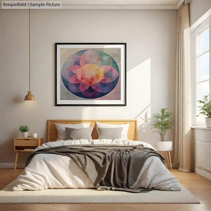 Modern bedroom with wooden bed, geometric artwork on wall, potted plants, and large window with natural light.