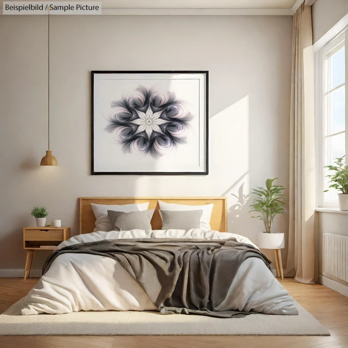 Modern bedroom with wooden bed frame, patterned artwork on wall, bedside table, potted plant, and large window.