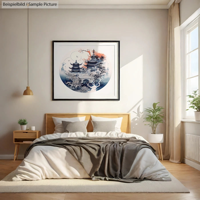 Minimalist bedroom with a large framed Asian-inspired artwork above the bed, featuring pagodas and misty landscapes.