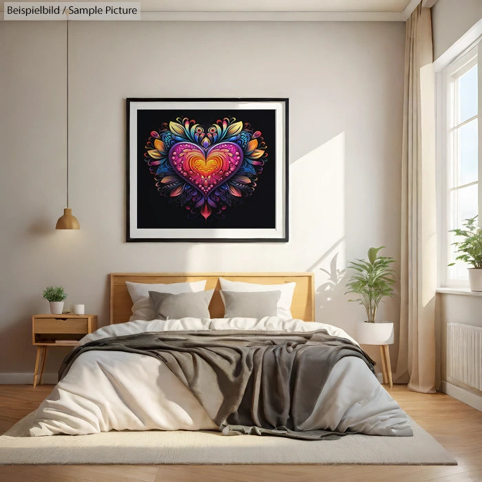 Bedroom interior with heart-shaped abstract artwork above bed, natural light from window, and modern decor.