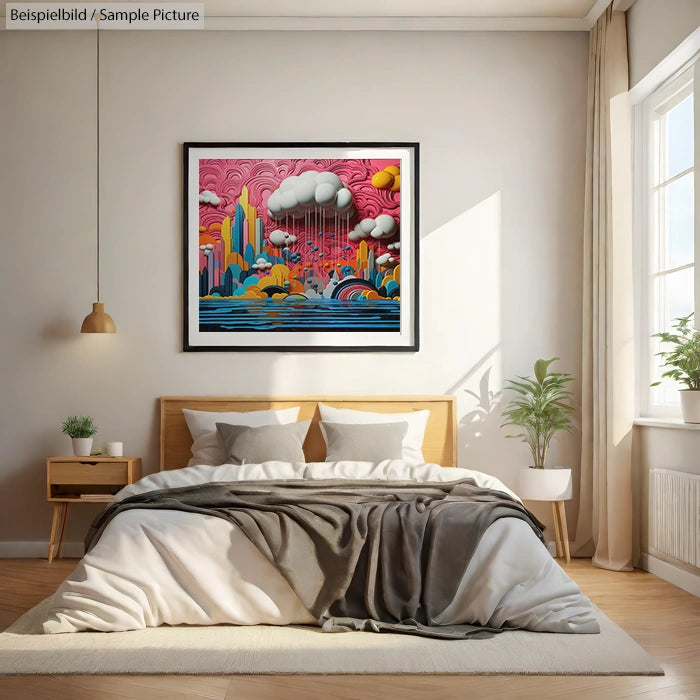 Bedroom with modern abstract art, featuring colorful cityscape and clouds above a neatly made bed.