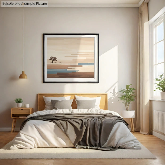 Modern bedroom with wooden bed, abstract artwork, and sunlight through window.