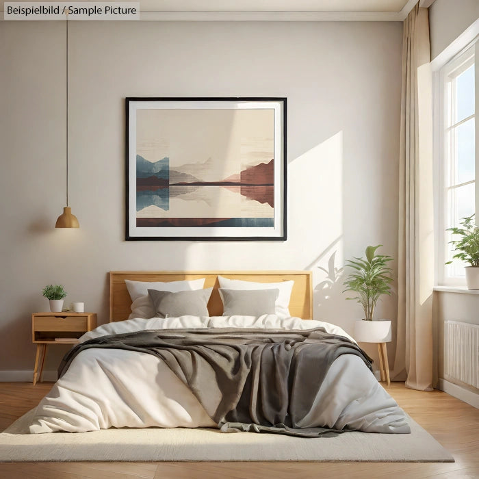 Modern bedroom with wooden bed, abstract landscape art, potted plant, and side table, lit by natural light from window.