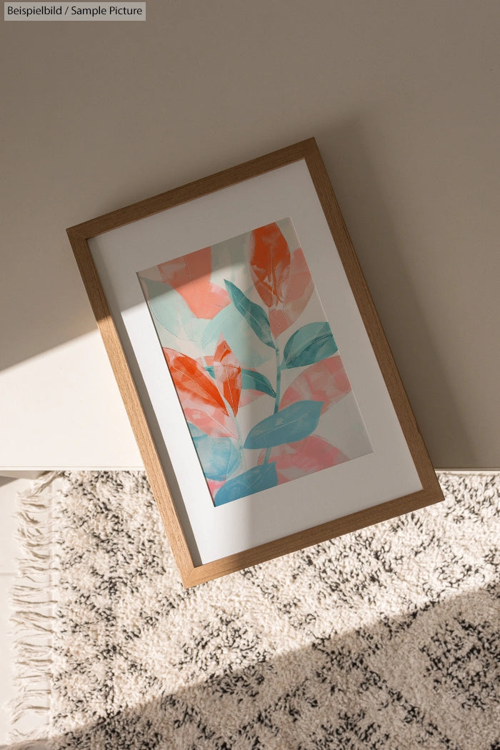 Framed abstract painting of colorful leaves on a patterned rug, bathed in sunlight.