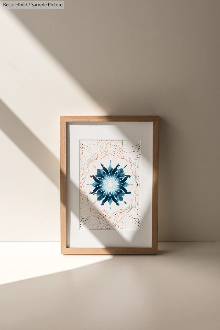 Framed art print with blue floral design and geometric background on a sunlit wall.