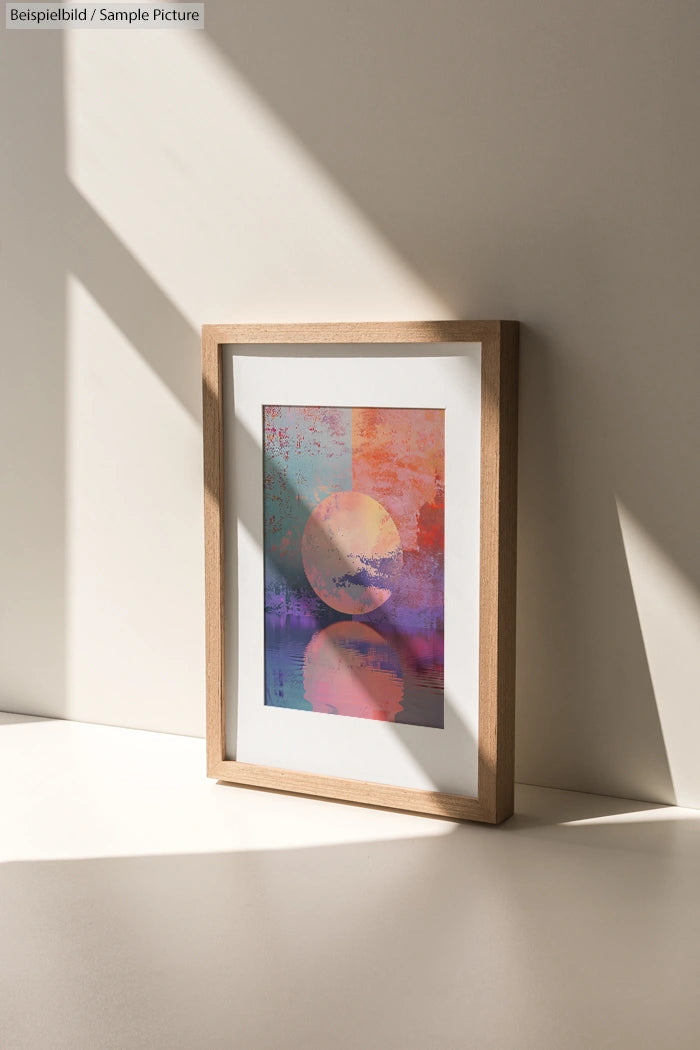 Framed abstract art with colorful circular and rectangular patterns, leaning against a wall with soft shadow.