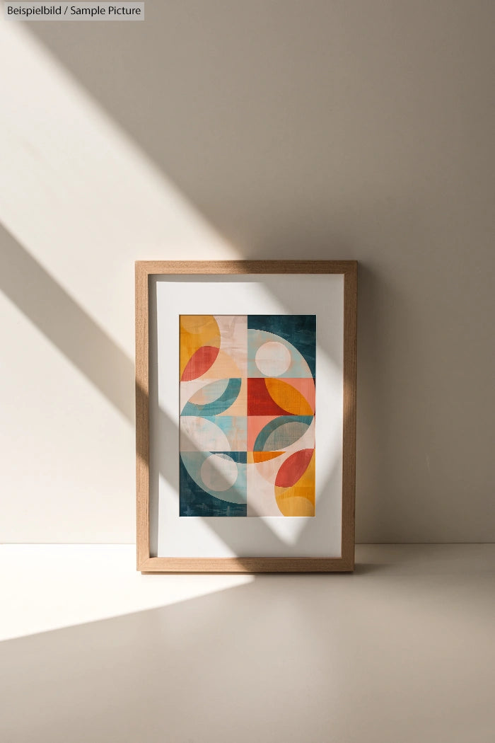 Framed abstract geometric artwork with colorful shapes against a sunlit wall.