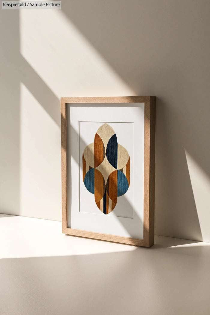 Modern geometric art in wooden frame on sunlit table, featuring intersecting ellipses in brown, blue, and beige tones.