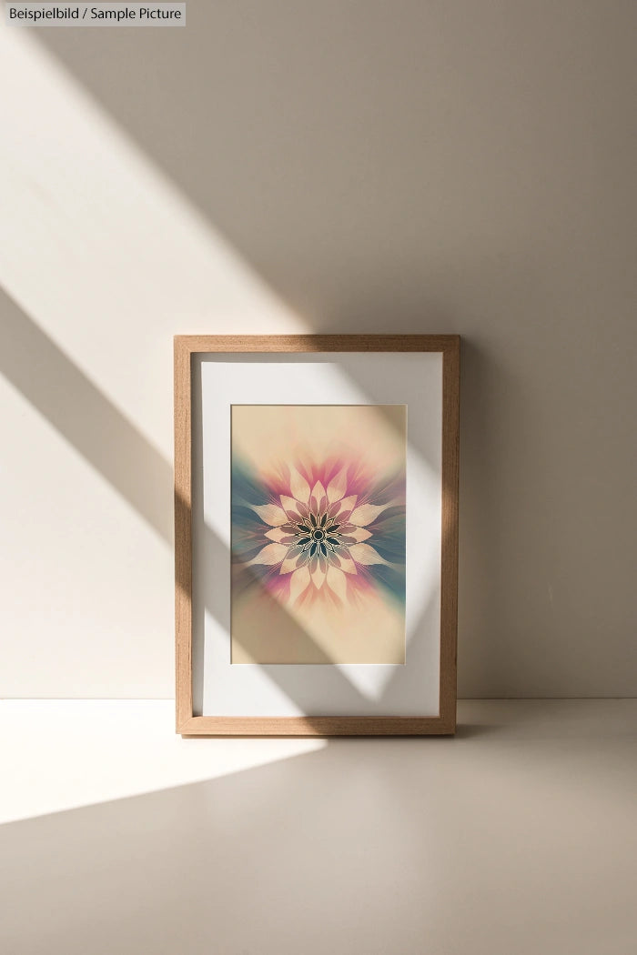 Framed floral artwork with geometric design in pastel colors, lit by diagonal sunlight, on a plain beige background.