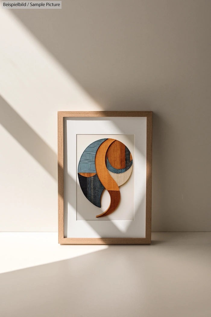 Minimalist abstract art in wood frame, featuring a circular design with blue, brown, and orange segments, on sunlit surface.