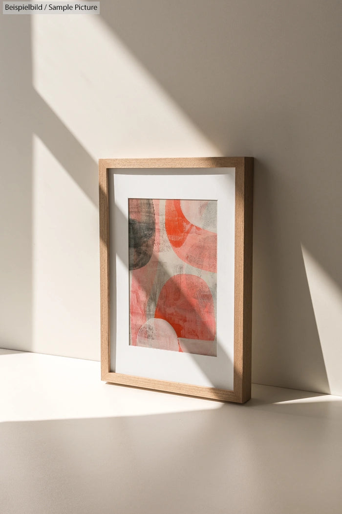 Framed abstract painting with orange and gray shapes on a sunny wall.