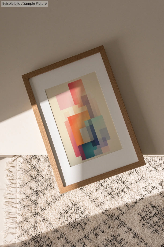 Framed abstract artwork with geometric shapes in pink, blue, and orange tones on a textured rug.