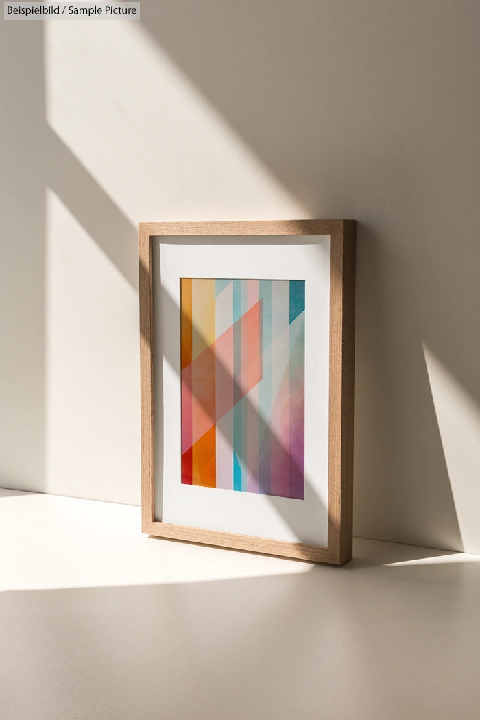 Framed abstract art with colorful geometric patterns leaning against a wall under natural light.