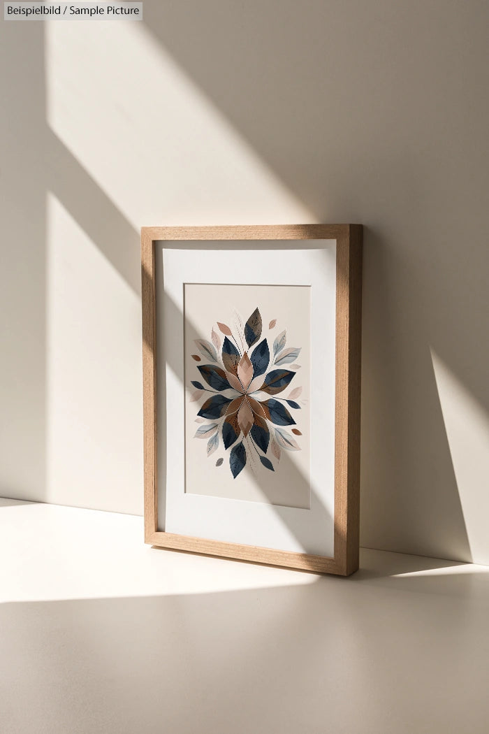 Framed abstract artwork with a floral motif, featuring blue and beige leaves, set against a beige wall.