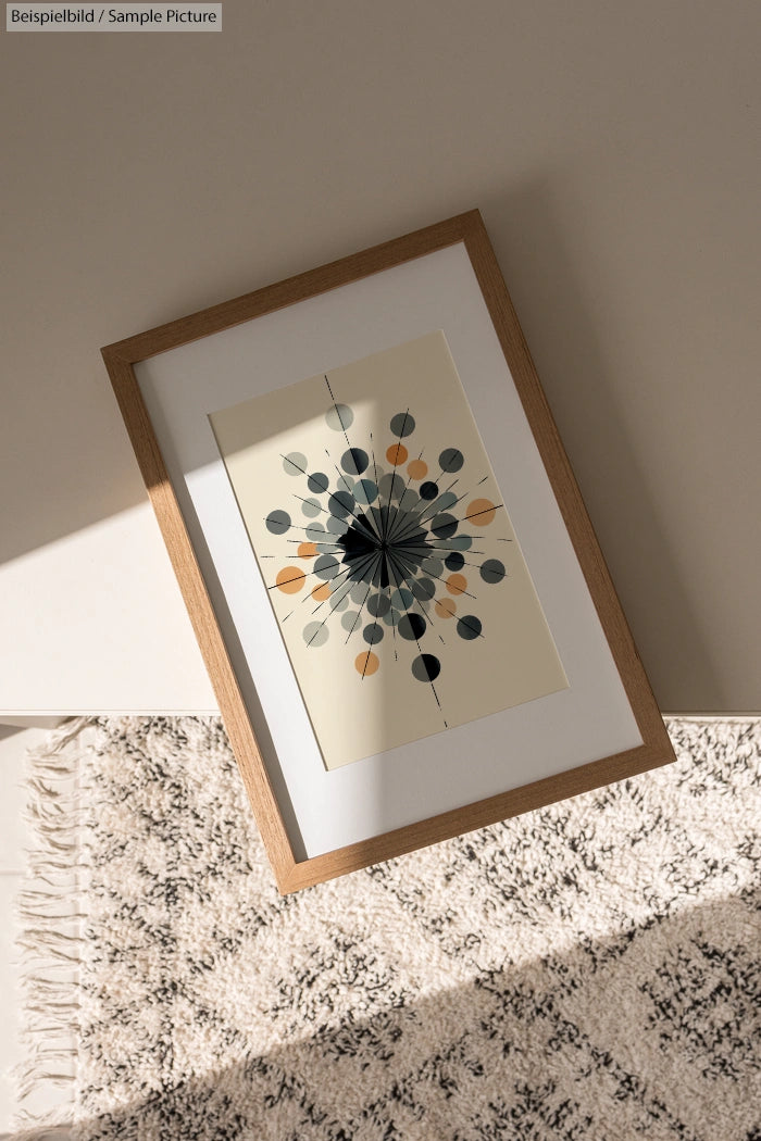 Framed abstract artwork with circular design in black, gray, and orange tones, resting on a textured rug.