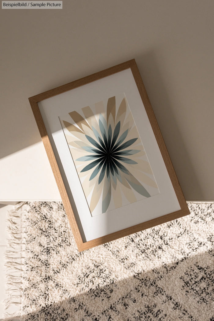 Framed geometric artwork with starburst pattern on carpet in sunlit room.